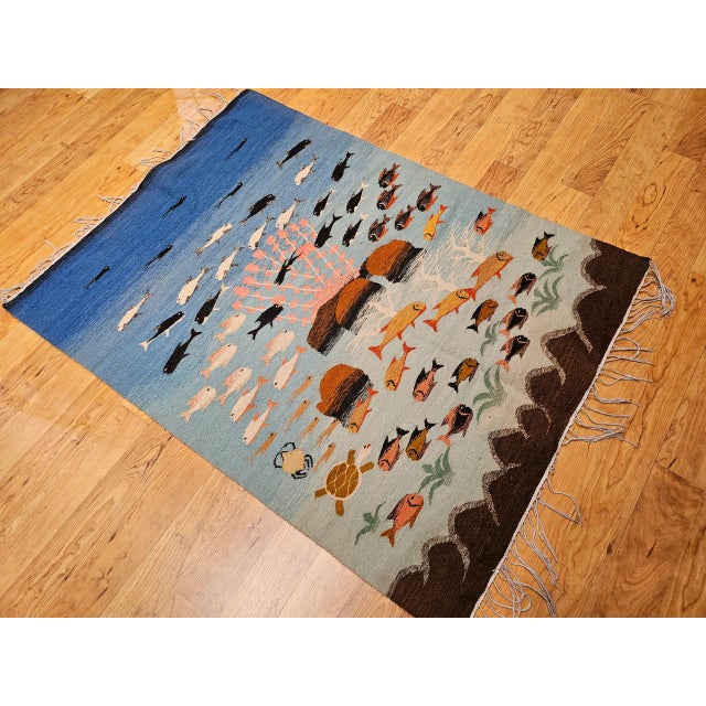 Vintage Hand-Woven Kilim Area Rug, Pictorial Ocean Scene Wall Art, 41” x 55” For Sale In Chicago - Image 6 of 15