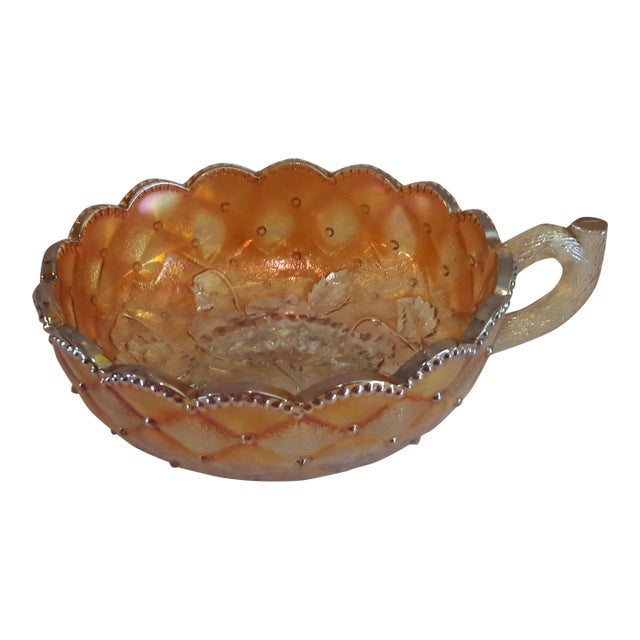 Vintage Marigold Quilted Diamond and Pansy Carnival Glass Iridescent Handle Bowl For Sale