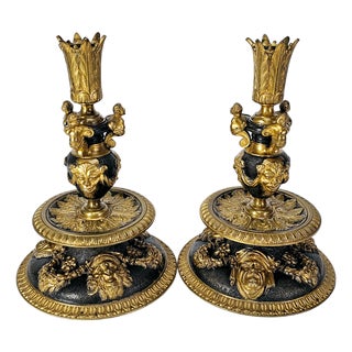Late 19th Century Renaissance Revival Gilt and Patinated Metal Candlesticks, Pair For Sale