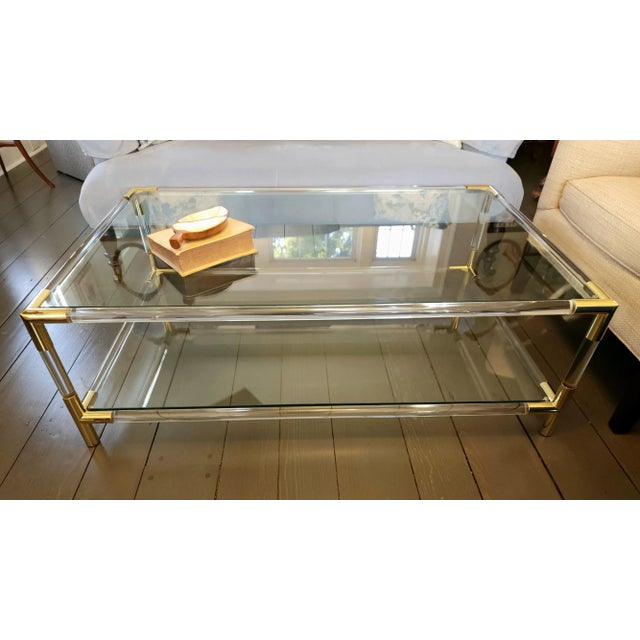 Contemporary Lucite Gold Metal Glass Tiered Cocktail Table For Sale - Image 3 of 12