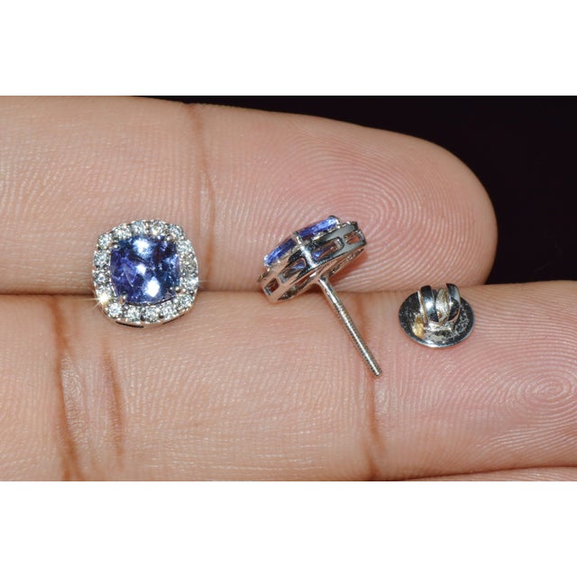 Blue Certified Natural 2.35cts vs F Diamond Tanzanite Halo Stud Earrings, A Pair For Sale - Image 8 of 11