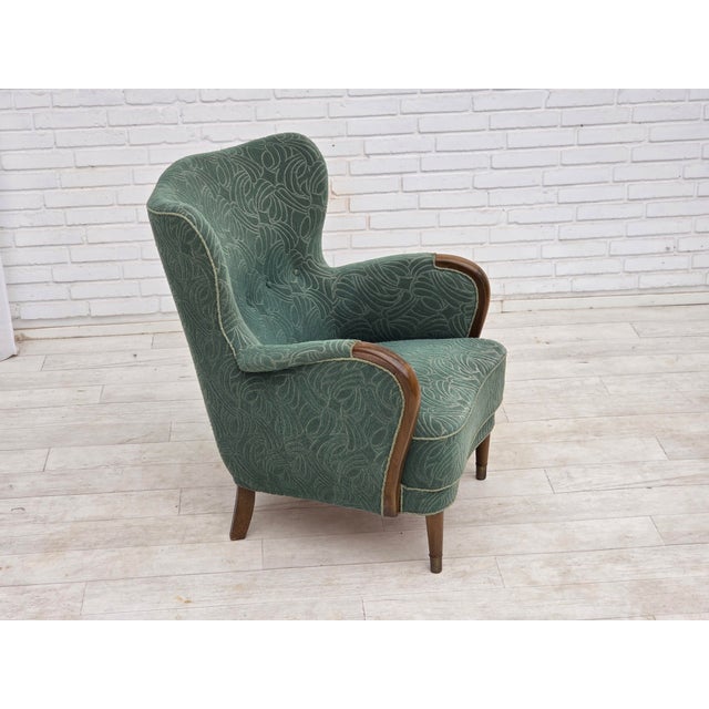 Vintage Danish Lounge Chair in Green Furniture Velour and Beech Wood, 1960s For Sale - Image 15 of 18