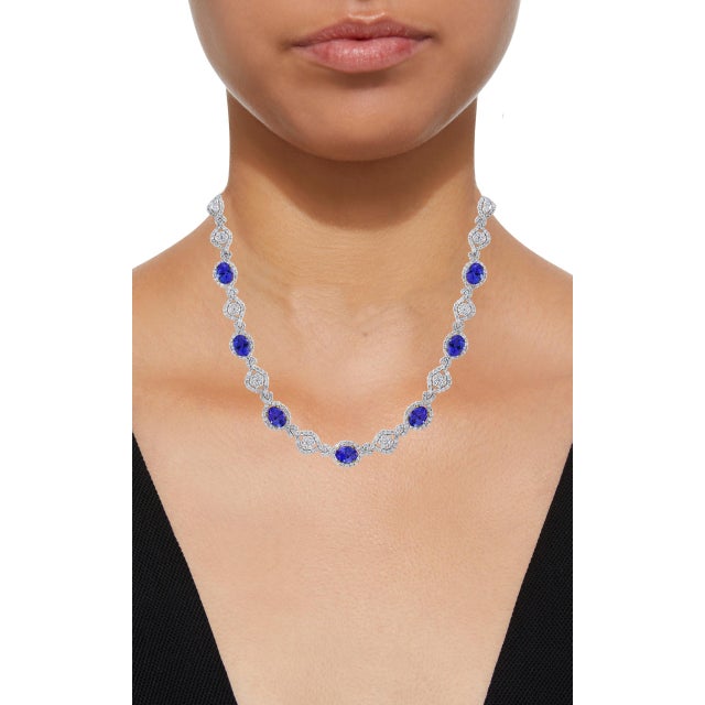11 Carat Oval Tanzanite and 12 Carat Diamonds Necklace 18 Karat Gold Estate For Sale - Image 4 of 18