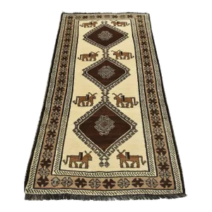 Qashqai Rug 3'7'' X 6'8'' Ivory Wool Vintage Tribal Hand-Knotted Oriental Carpet