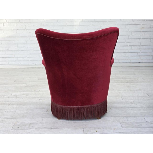 Vintage Danish Lounge Chair in Cherry-Red Furniture Velour and Oak, 1960s For Sale - Image 9 of 16