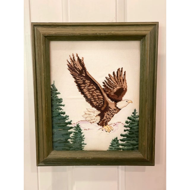 Mid 20th Century Flying Eagle and Evergreens Framed Textile Art Needlepoint Cross Stitch For Sale - Image 5 of 7