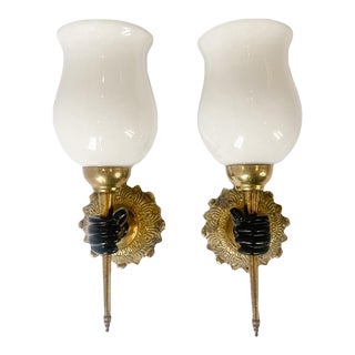 1940s André Arbus Bronze Hand Sconces Opaline Glass Globes French Provincial, Pair For Sale