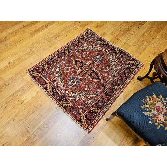 Vintage Persian Heriz Serapi Rug, Hand-Knotted Wool, Geometric Pattern, Brick-Red & Ivory, 4x4 For Sale - Image 10 of 18