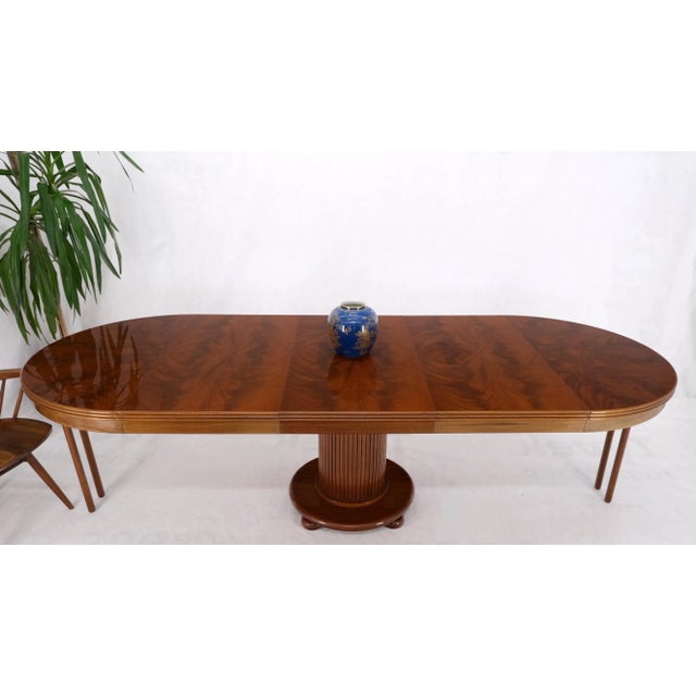Burl Walnut Three Extension Boards Single Pedestal Round Dining Table For Sale - Image 9 of 13