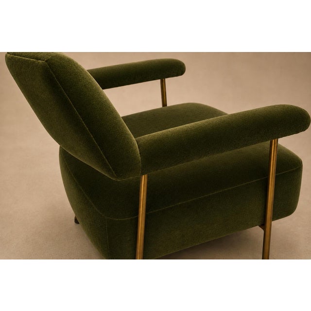 Brazilian Modern Pair of Armchairs in Aged Brass & Olive Green Mohair by Joaquim Tenreiro, 1950s For Sale - Image 11 of 17