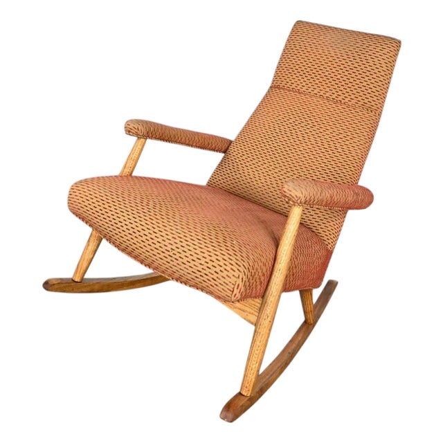 Vintage Mid-Century Modern Rocker Rocking Chair Oak With High Back Original Upholstery For Sale