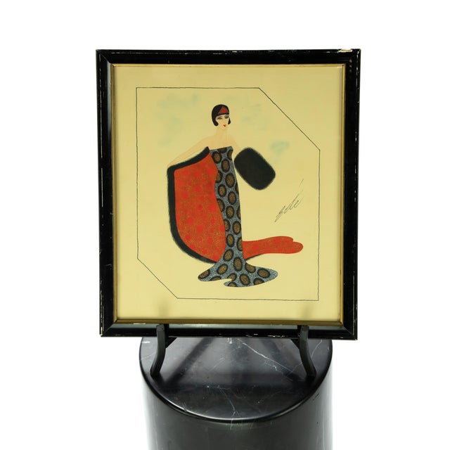 Offering this fabulous Erte' gouache illustration of a stunning woman in a gown. The gown features silver and gold dots in...