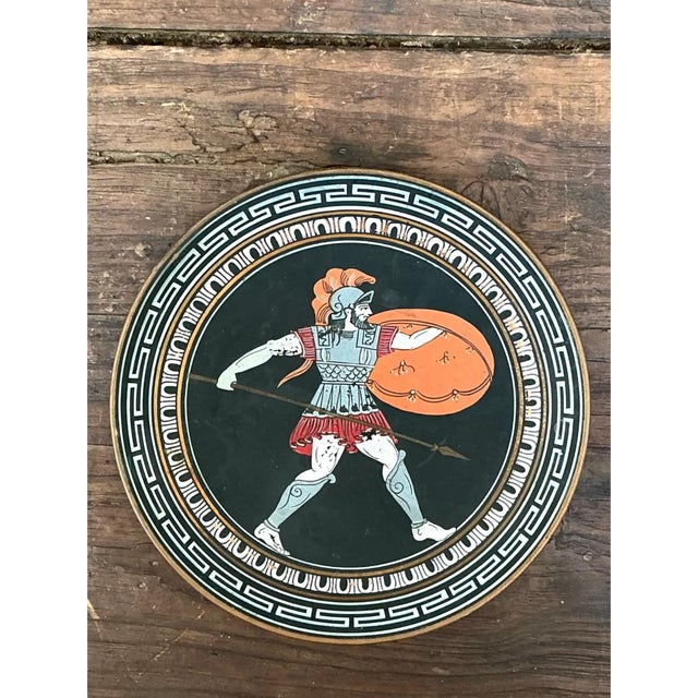 Vintage Painted Metal Plate With Greek Warrior For Sale - Image 9 of 12