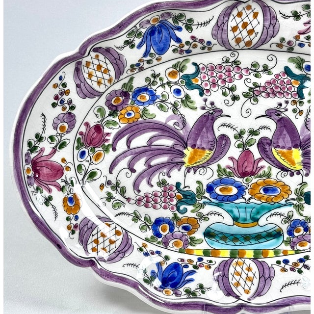Antique Hand-Painted Polychrome Faience Wall Plate With Birds and Floral Motifs For Sale - Image 4 of 11