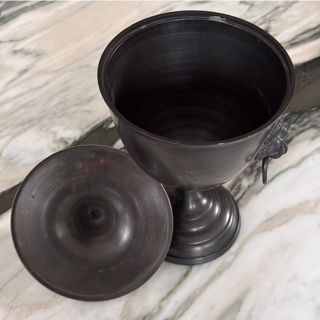 Late 20th Century Vintage Neoclassical Bronze Finish Metal Lion Head Motif Urn Jar For Sale - Image 5 of 9