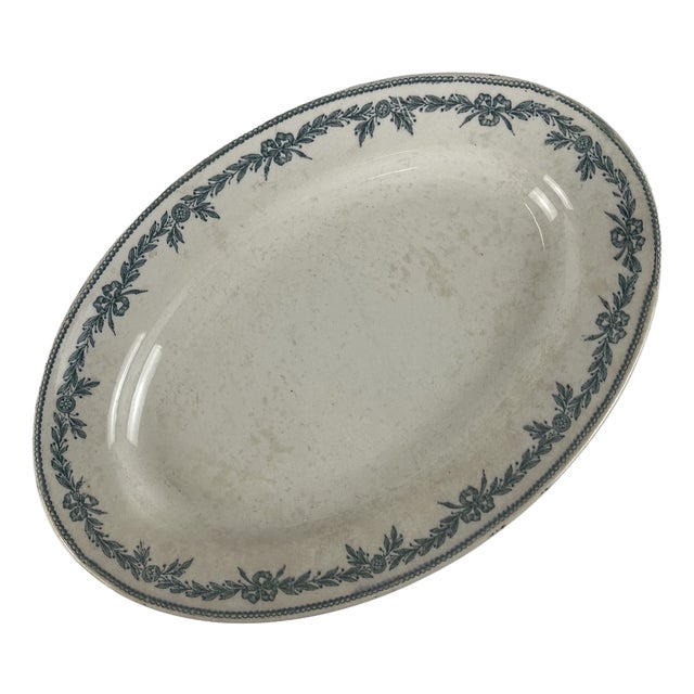 Oval Earthenware Platter with Lauriers Pattern from Moulins des Loups, 1900s For Sale