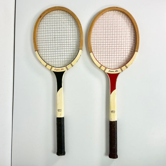 Mid-Century Modern Mid-Century Vintage Boho Chic Americana Wood Tennis Rackets - Set of 2. For Sale - Image 3 of 9