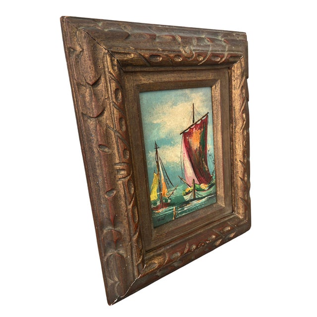 French 1960s Small Impasto Sailboat Oil Painting in Antiqued Giltwood Frame, Signed Michel For Sale - Image 3 of 12