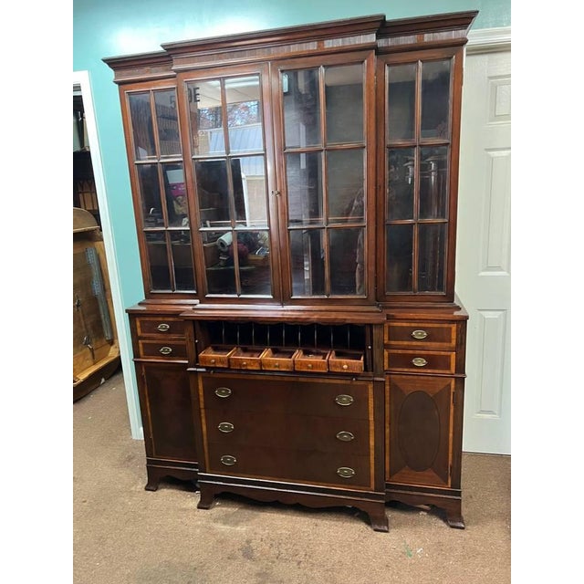 Early 20th Century Georgian Style Period Mahogany Inlaid Breakfront Bookcase with Secretary Desk with Key. 2 parts for...