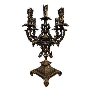 Gothic Medieval-Style Five-Branch Bronze Candleholder For Sale