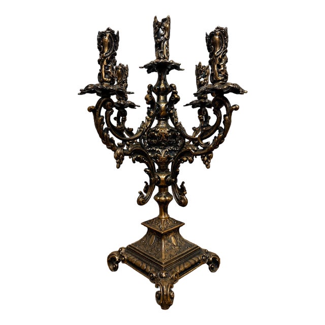 Gothic Medieval-Style Five-Branch Bronze Candleholder For Sale