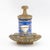 French Porcelain and Bronze Encrier a Pompe, the floral gilt decorated blue porcelain vessel mounted on shell form inkwell...