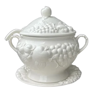 Signature Japan White Tureen and Ladle - 1970s White Fruit Pattern Ceramic