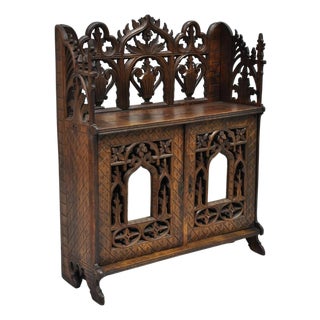 Antique Gothic Arts & Crafts Black Forest Walnut Carved Small Wall Curio Cabinet For Sale