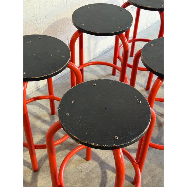 Set of 6 Red Plywood Bar Stools With Metal Frames Mid-Century Modern For Sale - Image 9 of 9