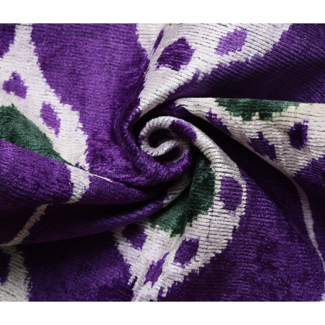 2020s Hand-Knotted Silk Velvet Ikat Lumbar Pillow - 16x24 Royal Purple & Forest Green For Sale - Image 5 of 8