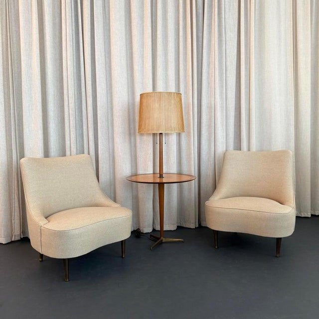 Dunbar Furniture 1950s Edward Wormley for Dunbar Teardrop Slipper Chairs With Snack Table Floor Lamp For Sale - Image 4 of 13