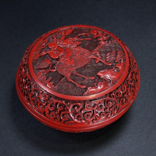 Carved Cinnabar Lacquer Box With Rider and Qilin Motif For Sale In Los Angeles - Image 6 of 9