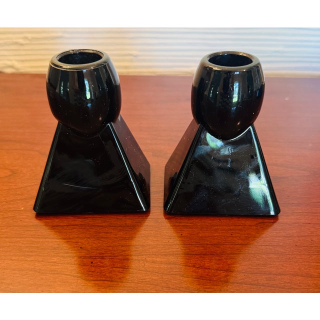 Vintage Mid-Century Modern Black Glass Candlesticks, Set of 2 For Sale - Image 6 of 6