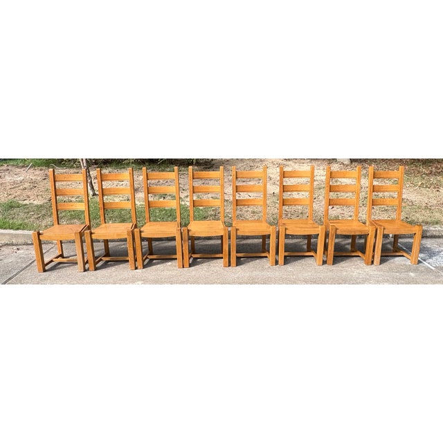 Nice set of vintage country French ladder back dining chairs with pop out wood seats ready for re- upholstery.
