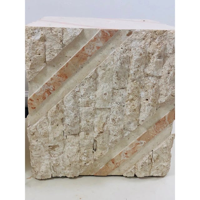 Modern pair of tessellated stone cube tables designed with both natural rough stone and smooth marble.Designed By Maitland...
