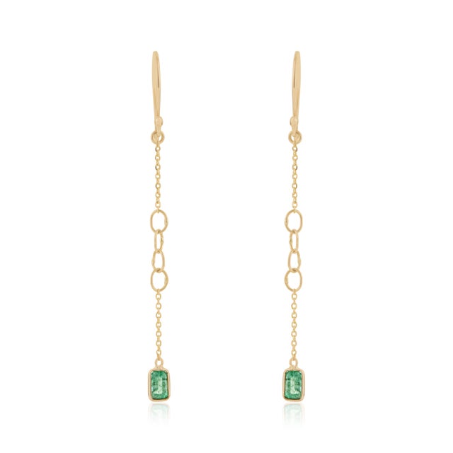 Handcrafted Emerald Drop Chain Earrings in 14k Yellow Gold With Fishhook Closure- A Pair For Sale - Image 4 of 12