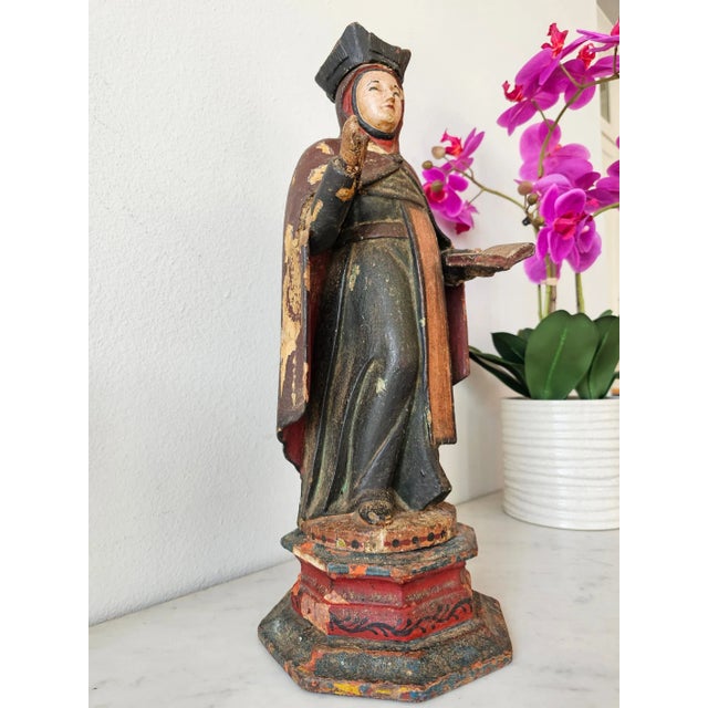 Spanish Large Antique Spanish Colonial Carved Polychrome Wood Santo Altar Sculpture For Sale - Image 3 of 12