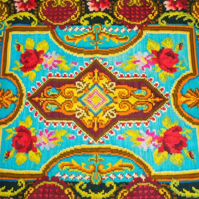 Vintage Romanian Handwoven Wool Kilim Rug with Floral Folk Pattern, 1970s For Sale - Image 6 of 12