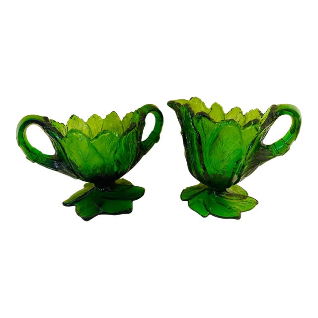 Vintage Summit Art Glass Creamer and Sugar Set in Everglade Pattern- 2 Pieces For Sale