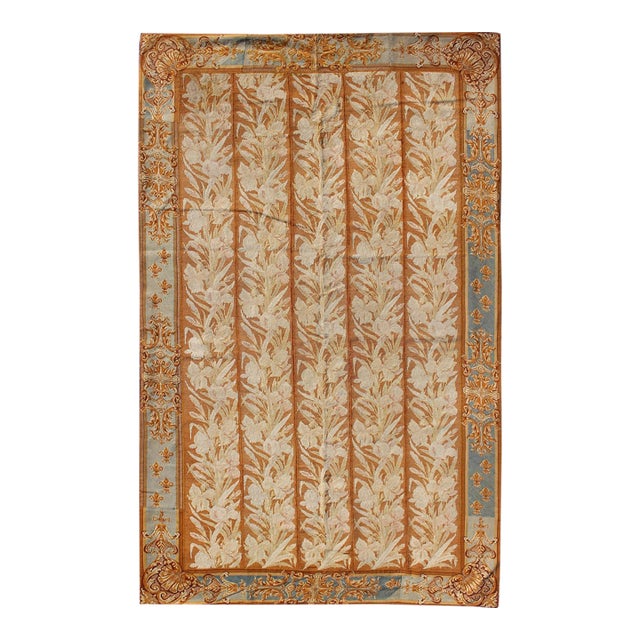 Antique Aubusson Tapestry With Golden Column Panels of Irises 4'10" X 8'10" For Sale