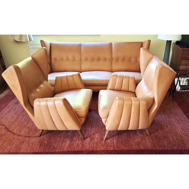 Wingback Living Room Set in Leather, 1950s, Set of 3 For Sale - Image 9 of 14