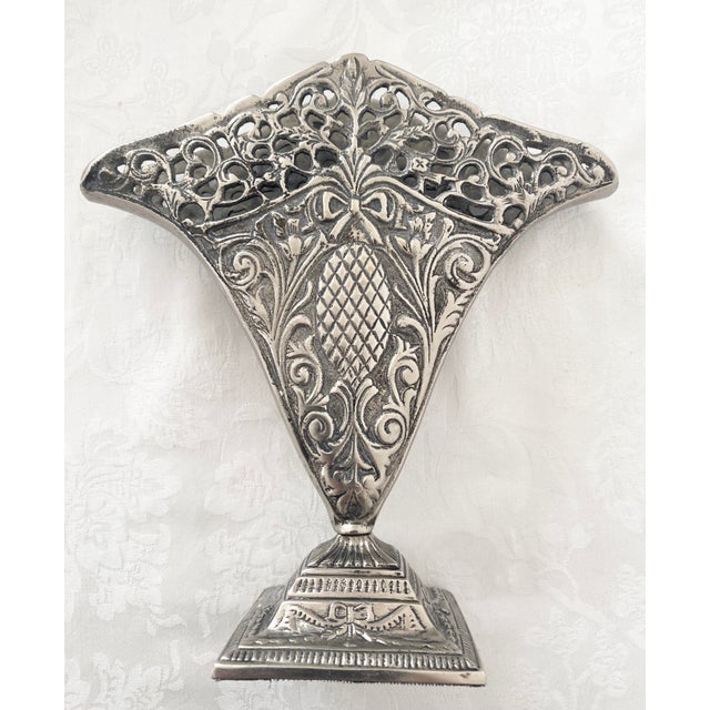 Art Nouveau Vintage Ornate Fan Vase, Art Nouveau-Style Scrollwork, a Reticulated Top Edge, and a Central Pineapple Motif. For Sale - Image 3 of 15