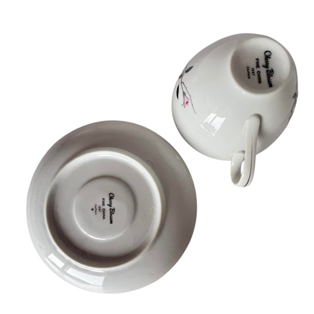 Mid-Century Modern Vintage Cherry Blossom Fine China Cup & Saucer Set 1067 Made in Japan Sakura Pink Gray For Sale - Image 3 of 5