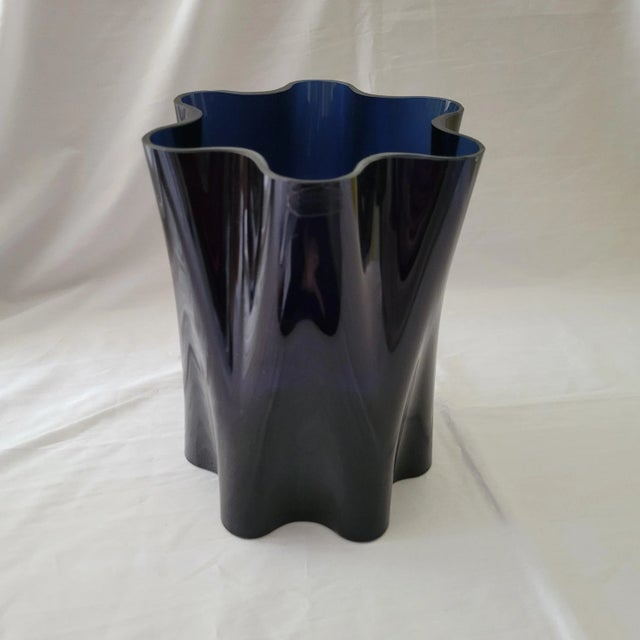 Beautiful Deep Cobalt Blue Vase by Nuutajarvi Notsjo of Finland. Features a wavy pattern, that resembles a flower of...