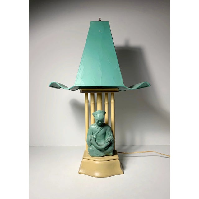 Vintage 1950s Buddha Style Lamp. Style of James Mont. Dimensions are with the shade assembled.