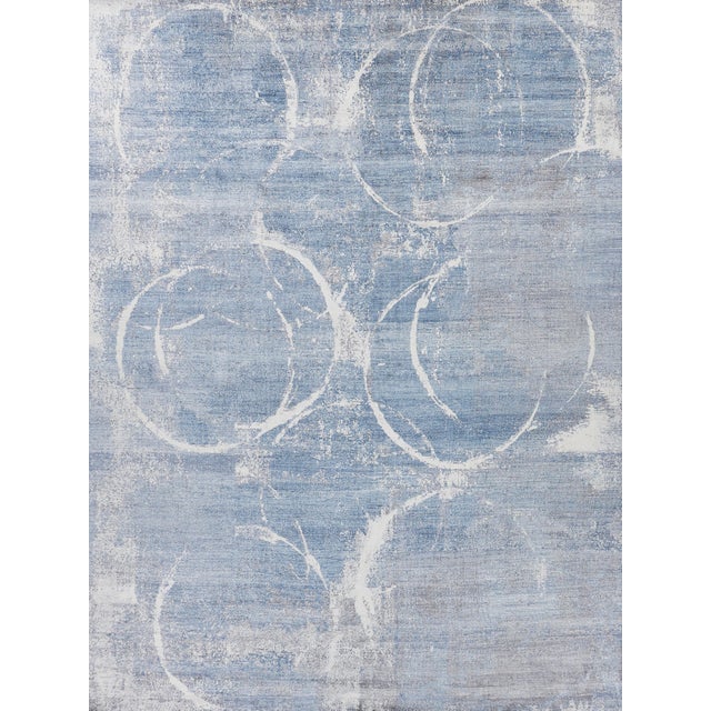 Exquisite Rugs Fine Pure Silk Hand-Knotted Silk Blue/Gray/Ivory Rug-9'X12' For Sale