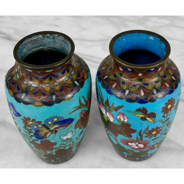 Early 20th Century Antique Chinese Cloisonne Turquoise Enamel & Brass Floral Vase - a Pair For Sale - Image 5 of 10