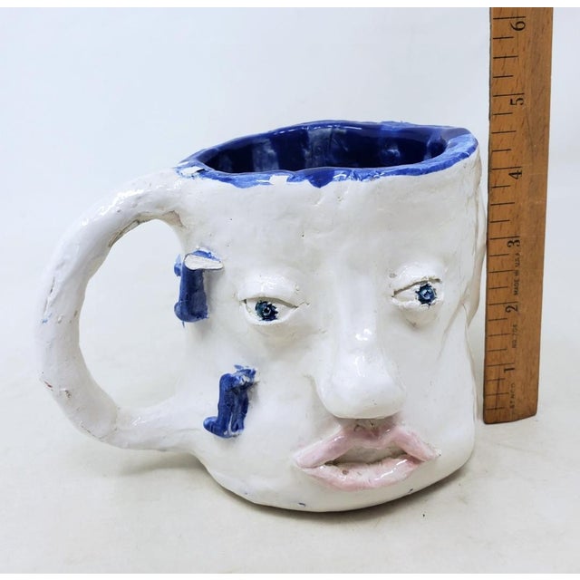 2010s Handcrafted Decorative Mug - Faces on 2 Sides - Blue Eyes and Green Eyes - Ooak For Sale - Image 16 of 18