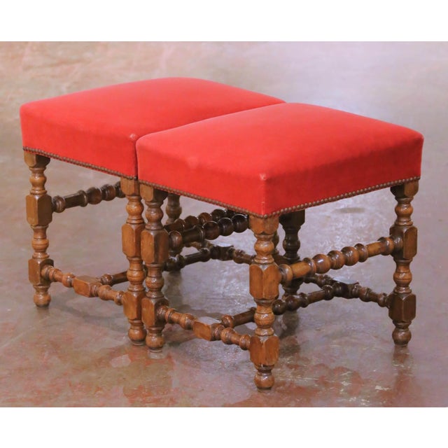 Pair of 19th Century French Louis XIII Style Walnut Upholstered Stools For Sale - Image 10 of 13