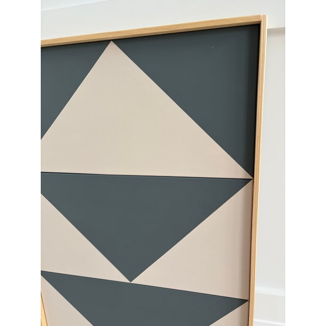 Mid-Century Modern Contemporary Geometric Abstract Op Art Triptych Painting on Canvas in Neutrals Gray and Taupe, Framed For Sale - Image 3 of 8
